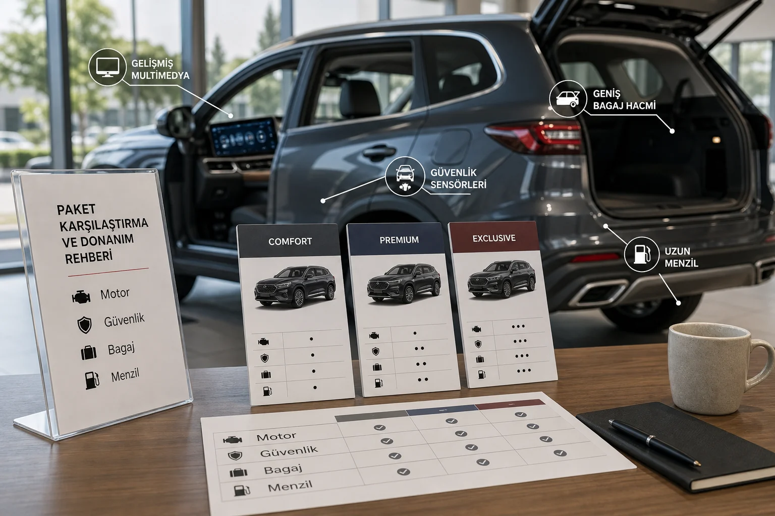 İnfografik: Chery Tiggo 8 Pro teknik özellikler ve güvenlik donanımları - Chery Tiggo 8 Pro Paket Sıralaması: Hangi Donanım Paketi Mantıklı?