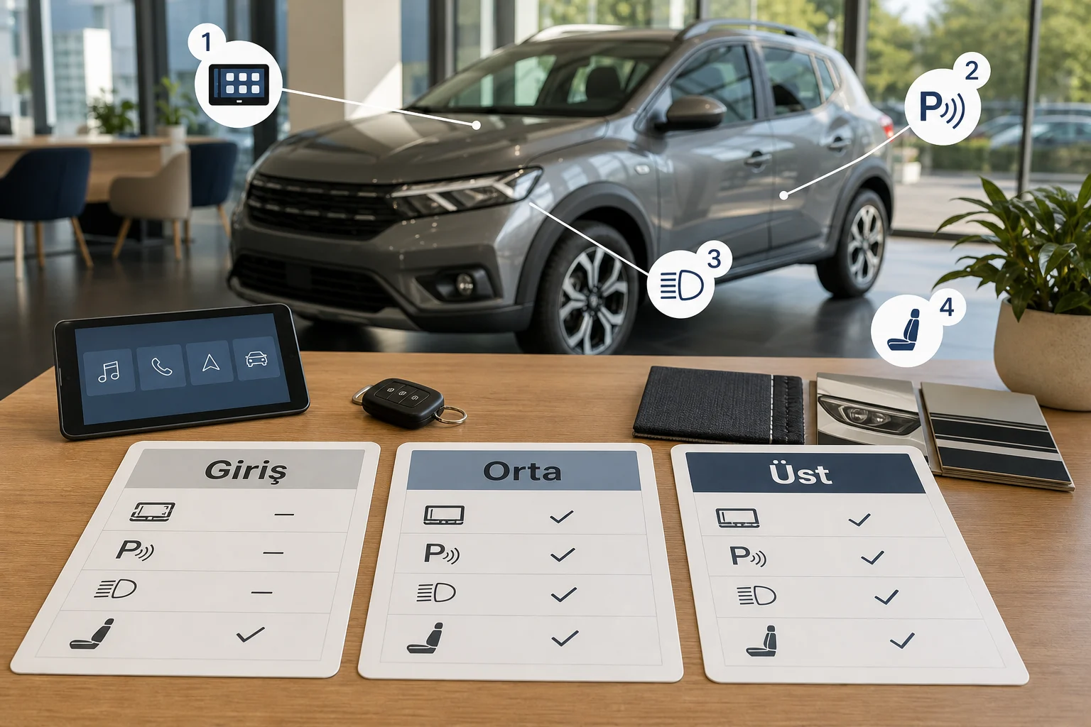 İnfografik: Dacia Sandero Stepway paket farkları: Giriş paket, Orta paket, Üst paket - Dacia Sandero Stepway Paket Sıralaması: Hangi Donanım Paketi Mantıklı?