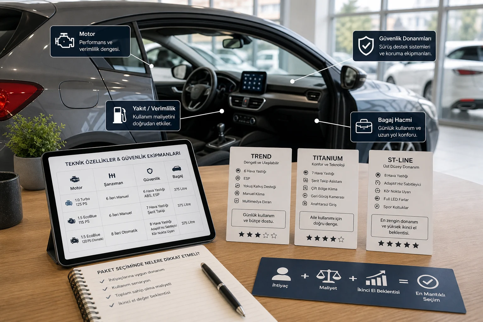 İnfografik: Ford Focus teknik özellikler ve güvenlik donanımları - Ford Focus Paket Sıralaması: Hangi Donanım Paketi Mantıklı?