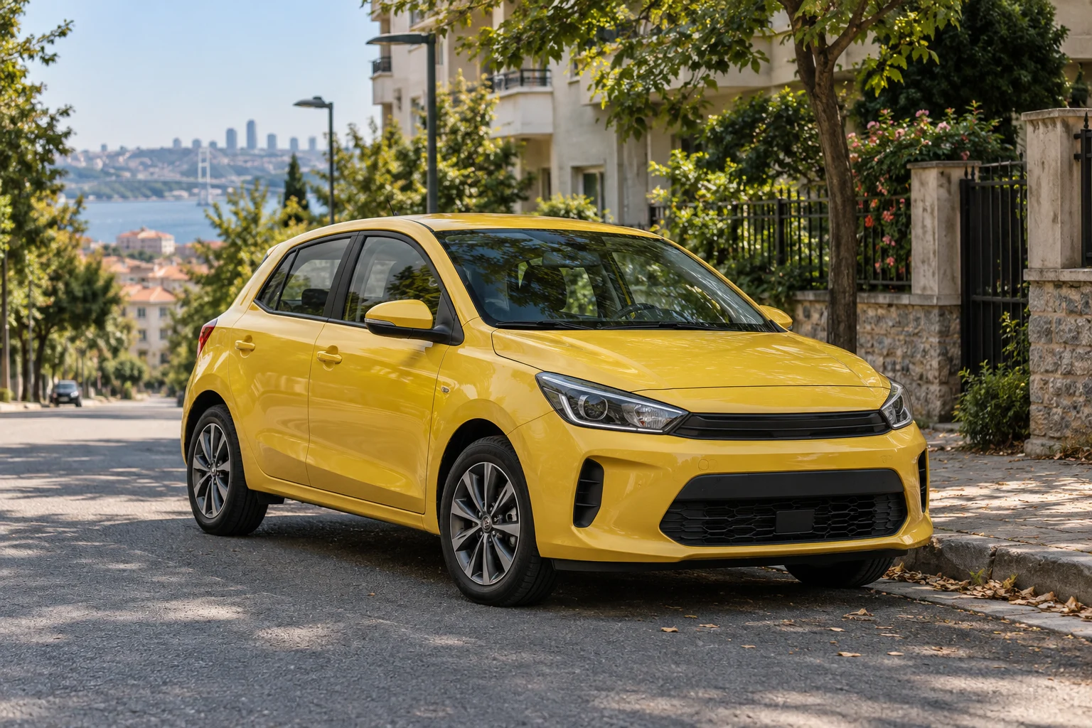 Ağaçlı mahalle sokağındaki sarı küçük hatchback için temsili yapay zekâ illüstrasyonu