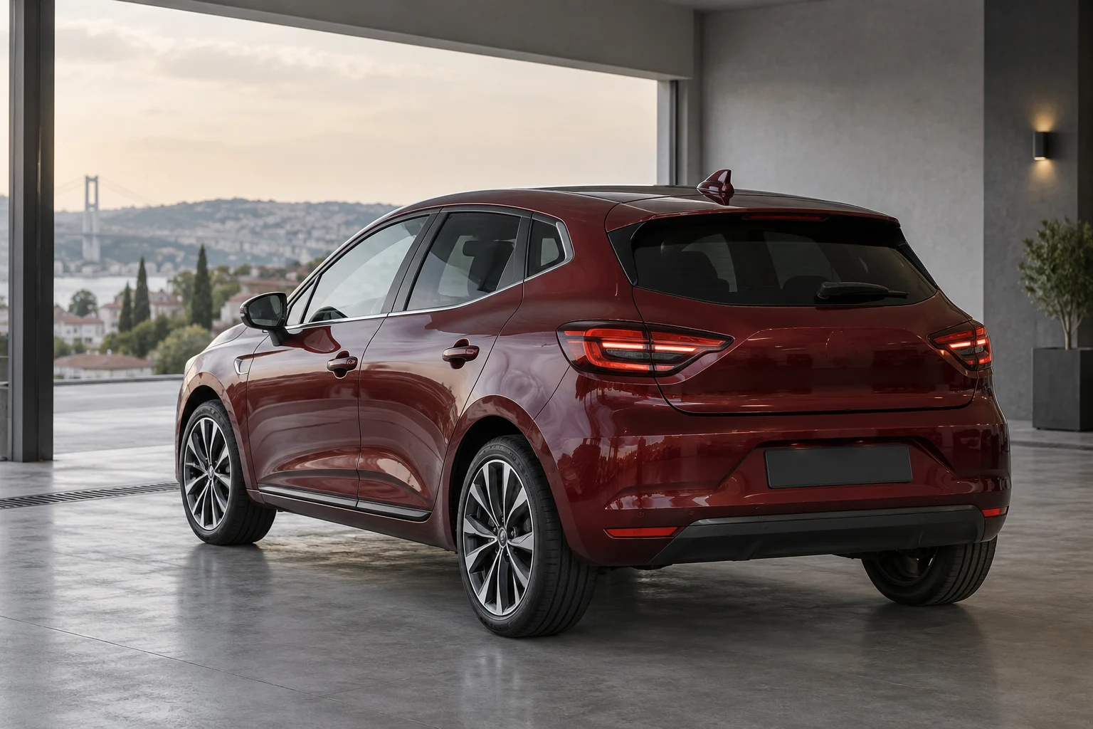 Sade araç teslim alanında bordo renkli kompakt hatchback otomobili, temsili görsel