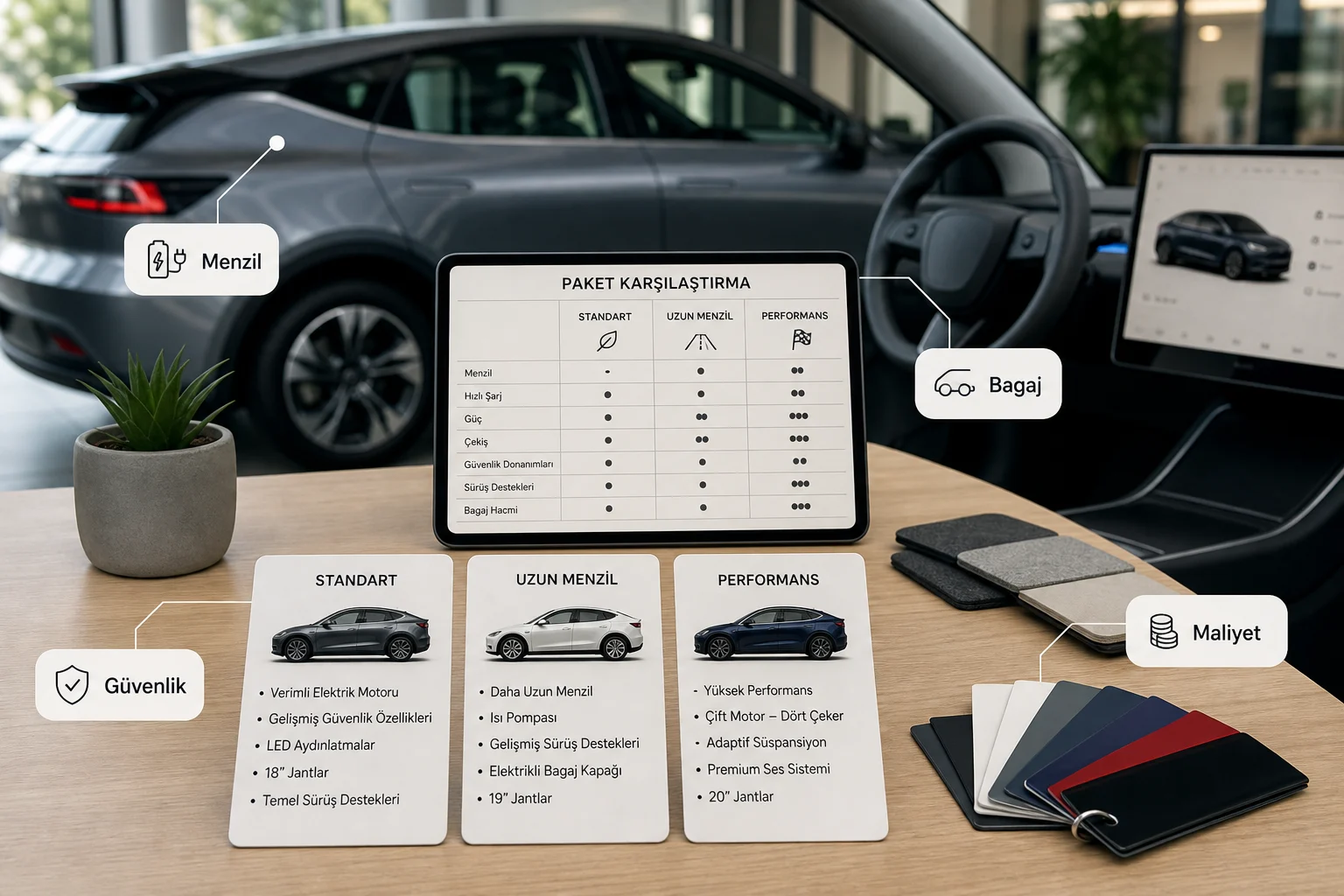 İnfografik: Tesla Model Y teknik özellikler ve güvenlik donanımları - Tesla Model Y Paket Sıralaması: Hangi Donanım Paketi Mantıklı?
